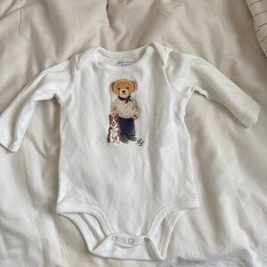 Ralph Lauren White Baby Onesie with Bear and Dog Design